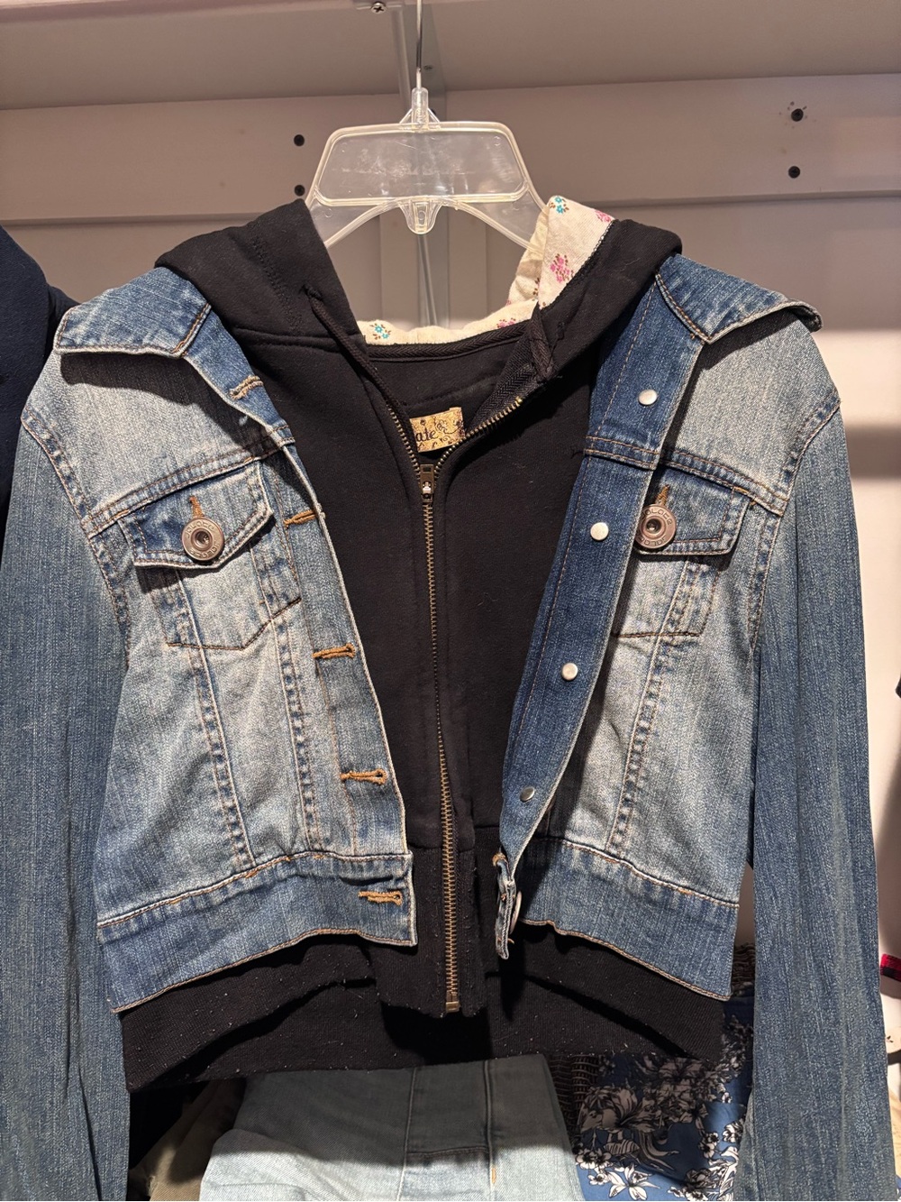 90’s Denim Croped Jacket with Black Hoodie Layer